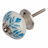Porseleinen meubelknop wit blauw blaadjes