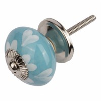 Porseleinen meubelknop blauw wit hartjes