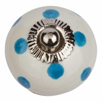 Porseleinen meubelknop wit blauw gestippeld - donker