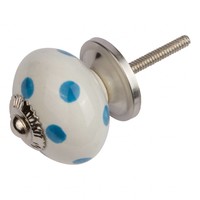 Porseleinen meubelknop wit blauw gestippeld - donker