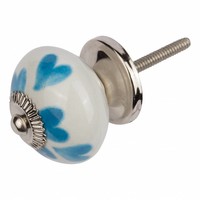 Porseleinen meubelknop wit blauw hartjes
