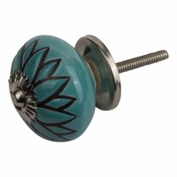 Meubelknop porselein reliëf deco CK5545 bloem blauw zwart