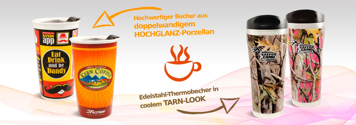 Thermobecher Porzellan 300 ml und Edelstahl mit Tarn-Look 400 ml