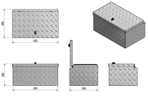 DE HAAN BOX M - waterdichte en stofdichte aluminium traanplaat disselkist 600x380x280 mm - voorzien van vlinderslot of spansluiting technische tekening