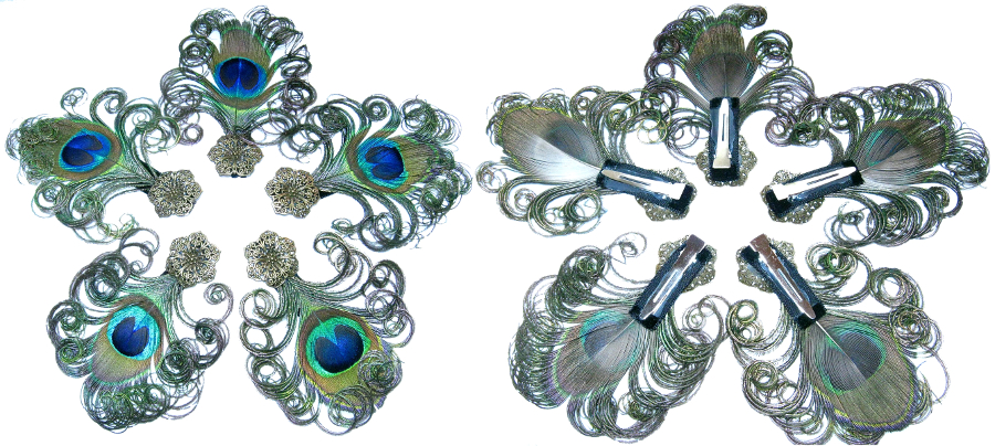 Professional clip attachment for all hair jewelry by Magic Tribal Hair, shown with peacock feather fascinators here.