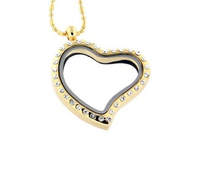 Floating locket Gouden memory locket hart gebogen strass met ketting