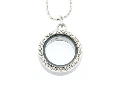 Floating locket Zilveren memory locket rond medium strass met ketting