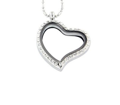 Floating memory lockets Zilveren memory locket gebogen hart met strass large inclusief ketting