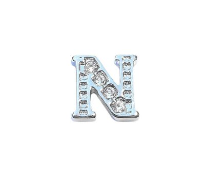 Floating Charms Floating locket charm letter N met crystals zilver