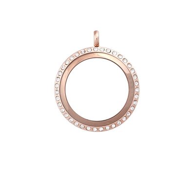 Floating memory lockets Twist rvs rose gouden memory locket met strass rond large