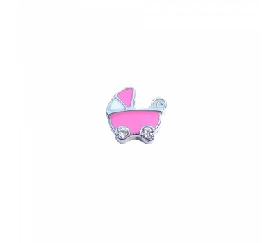 Floating Charms Floating locket charm roze kinderwagen zilver