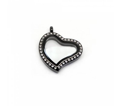 Floating memory lockets Zwarte rvs memory locket met strass gebogen hart