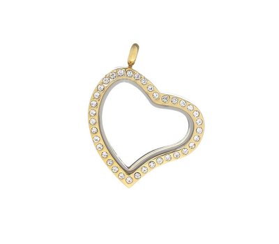 Floating memory lockets Gouden memory locket hart gebogen strass