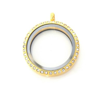 Floating memory lockets Rvs gouden memory locket met strass rond XLarge