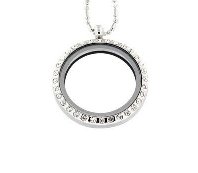 Floating memory lockets Zilveren memory locket rond met strass large inclusief ketting