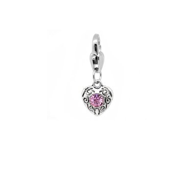 Clip on charms Vintage hartje met roze crystal dangle