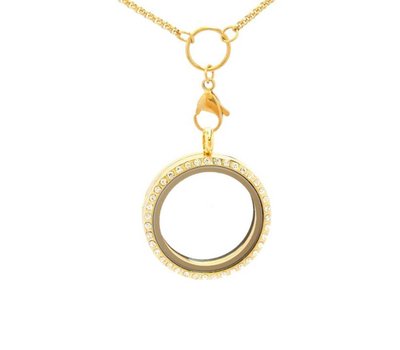 Floating locket Gouden memory locket rond large strass met ketting
