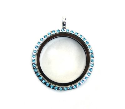 Floating locket Zilveren memory locket rond large strass blauw