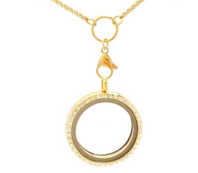 Floating memory lockets Gouden memory locket rond met strass Xlarge inclusief medium loop ketting