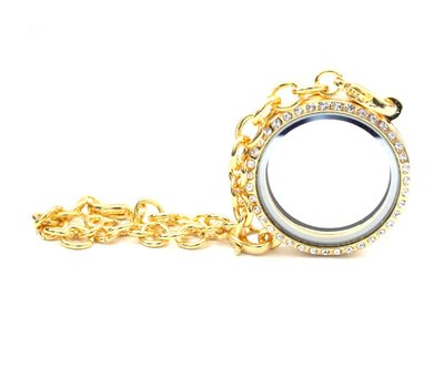 Floating locket Gouden memory locket armband rond large strass