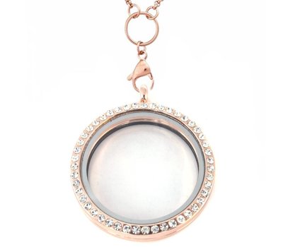 Floating memory lockets Rose gouden memory locket rond met strass Xlarge inclusief medium loop ketting