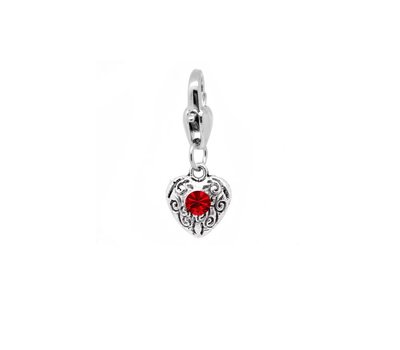 Clip on charms Vintage hartje met donker rode crystal dangle
