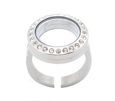 Floating memory lockets Memory locket verstelbare ring met strass zilver