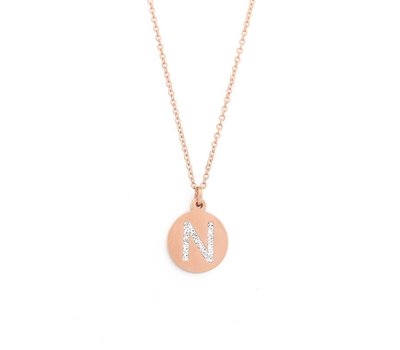Ketting met letter Letter Ketting Crystal N rose goud van roestvrij staal.