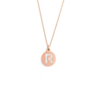 Ketting met letter Letter Ketting Crystal R rose goud van roestvrij staal.