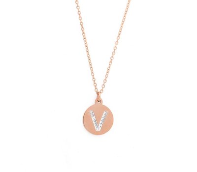 Ketting met letter Letter Ketting Crystal V rose goud van roestvrij staal.
