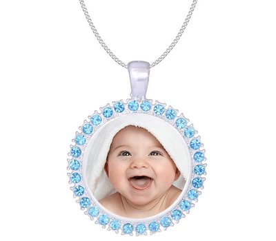 Foto Sieraad Foto Ketting Ronde Fotobedel met blauwe crystals Verzilverd
