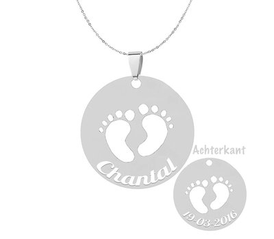 Graveer Sieraad Tekst graveren op baby voetjes in rondje hanger Zilver inclusief ketting