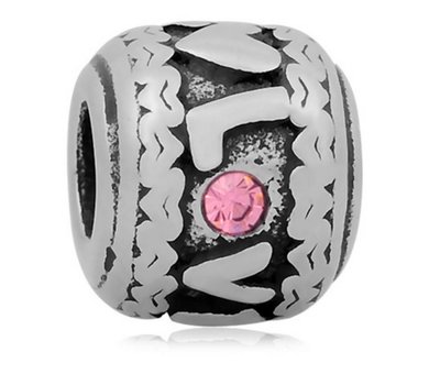 Bedels en Kralen Bedel love roze zilver voor bedelarmbanden