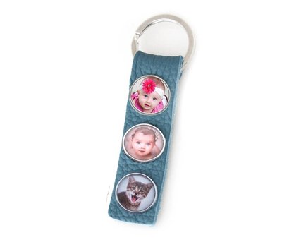 Foto Sleutelhanger Sleutelhanger nubuck leer blauw lang met 3 foto's