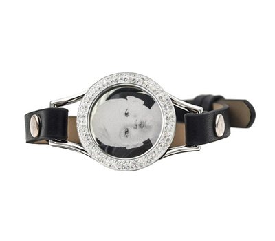 Graveer Armbanden Zwarte Leren Armband met foto graveer munt smal zilver met strass