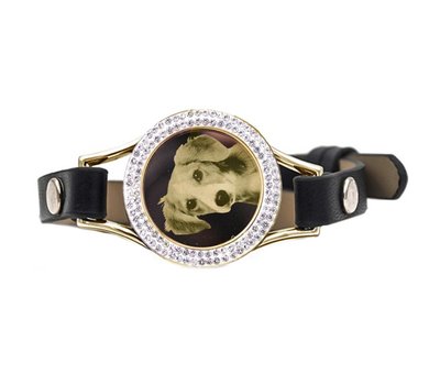 Graveer Armbanden Zwarte Leren Armband met foto graveer munt smal goud met strass