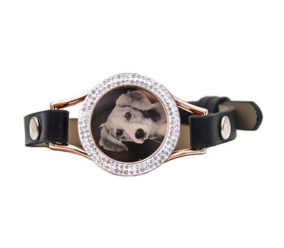 Graveer Armbanden Zwarte Leren Armband met foto graveer munt smal rosé goud met strass