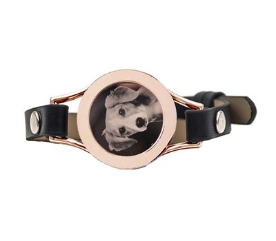 Graveer Armbanden Zwarte Leren Armband met foto graveer munt smal rosé goud