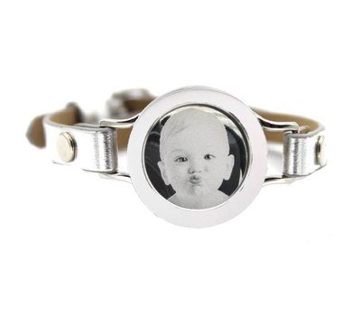 Graveer Armbanden Grijze Leren Armband met foto graveer munt smal zilver