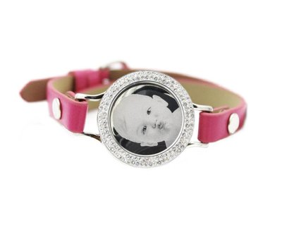Graveer Armbanden Roze Leren Armband met foto graveer munt smal zilver met strass