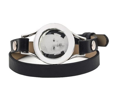 Graveer Armbanden Zwarte dubbele Leren Armband met foto graveer munt smal zilver