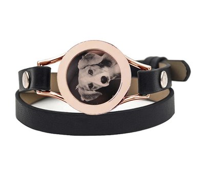 Graveer Armbanden Zwarte dubbele Leren Armband met foto graveer munt smal rosé goud