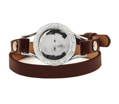 Graveer Armbanden Bruine dubbele Leren Armband met foto graveer munt smal zilver met strass
