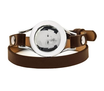 Graveer Armbanden Bruine dubbele Leren Armband met foto graveer munt smal zilver
