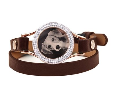Graveer Armbanden Bruine dubbele Leren Armband met foto graveer munt smal rosé goud met strass