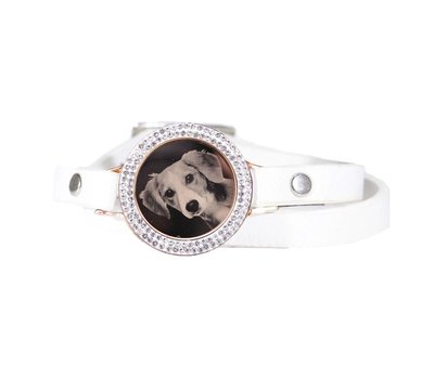 Graveer Armbanden Witte dubbele Leren Armband met foto graveer munt smal rosé goud met strass