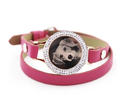 Graveer Armbanden Roze dubbele Leren Armband met foto graveer munt smal rosé goud met strass