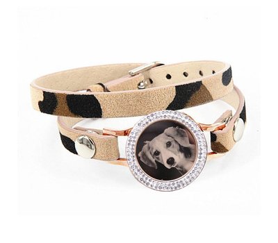 Graveer Armbanden Luipaard dubbele Leren Armband met foto graveer munt smal rosé goud met strass