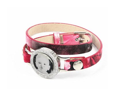 Graveer Armbanden Roze Tropical dubbele Leren Armband met foto graveer munt smal zilver met strass