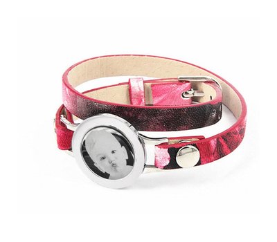 Graveer Armbanden Roze Tropical dubbele Leren Armband met foto graveer munt smal zilver